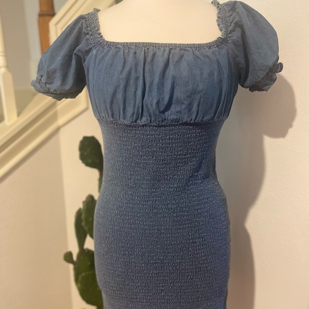 Derek Heart L denim bodycon puff sleeves dress